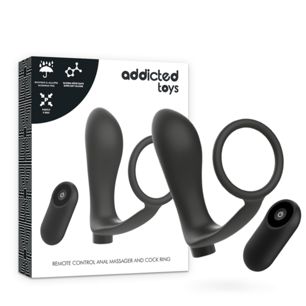 vVigoroso ADDICTED TOYS - ANEL DE PÊNIS COM CONTROLE REMOTO PLUG ANAL PRETO RECARREGVEL