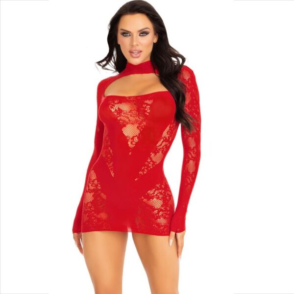 vVigoroso LEG AVENUE - MINI VESTIDO COM RENDA MANGA COMPRIDA VERMELHO