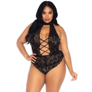 vVigoroso LEG AVENUE - FLORAL RENDA CROTHLESS TEDDY PLUS SIZE