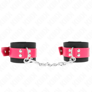 vVigoroso KINK - PUNHOS DE NYLON PRETO COM CINTO DE COURO RASPBERRY ROSE AJUSTÁVEL 19-29 CM X 5