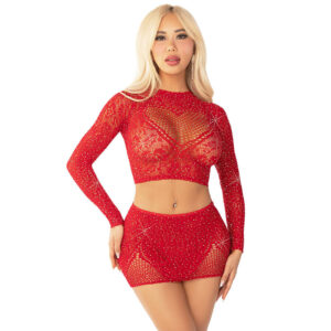 vVigoroso LEG AVENUE - CROPPED DE REDE BRILHANTE + MINI SAIA VERMELHO