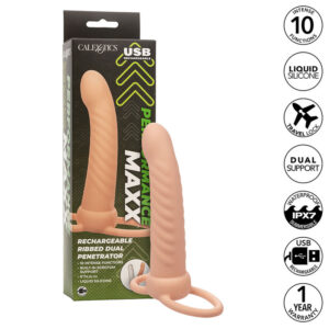 Vigoroso CALEXOTICS - MAXX RIBBED DUAL PENETRATOR 10 VIBRAÇÕES CARNE