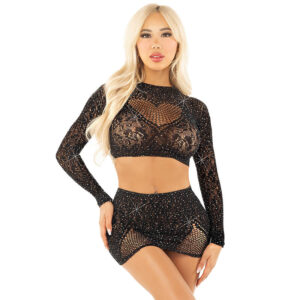 vVigoroso LEG AVENUE - CROPPED DE REDE BRILHANTE + MINI SAIA PRETA