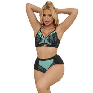 vVigoroso SUBBLIME - 955564 CONJUNTO DE SUTIÃ DE COURO VERDE COM ZÍPER DE MALHA L/XL