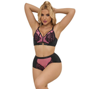 vVigoroso SUBBLIME - 955571 CONJUNTO DE SUTIÃ DE COURO VERDE COM ZÍPER DE MALHA ROSA P/M