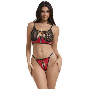 vVigoroso SUBBLIME - 955533 CONJUNTO DE SUTIÃ DE COURO VERMELHO COM ZÍPER DE MALHA S/M