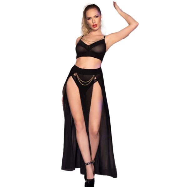 vVigoroso CHILIROSE - CR 4672 SAIA TOP PRETA E TANGA COM CORRENTES DOURADAS S