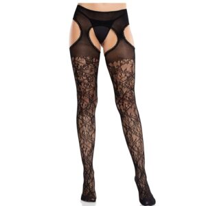 vVigoroso LEG AVENUE - MEIAS DE RENDA FLORAL COM LIGAS UNITED BLACK