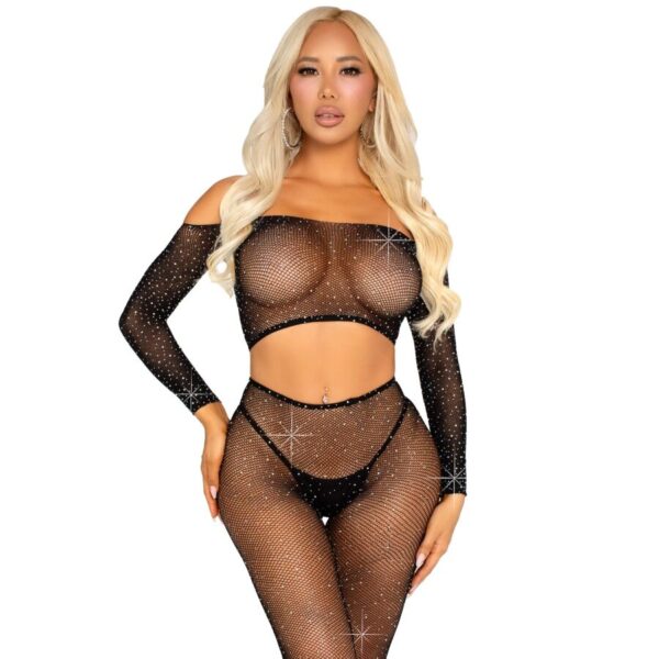 vVigoroso LEG AVENUE - TOP CROP E LEGGING DE REDE COM STRINHOS PRETO