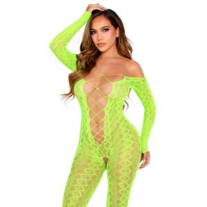 vVigoroso LEG AVENUE - BODYSTOCKING SEM BASE EXÓTICO RENDA DE COBRA VERDE NEON