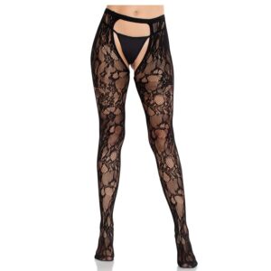 vVigoroso LEG AVENUE - MEIAS DE RENDA ROSA COM COSTAS ABERTAS PRETAS