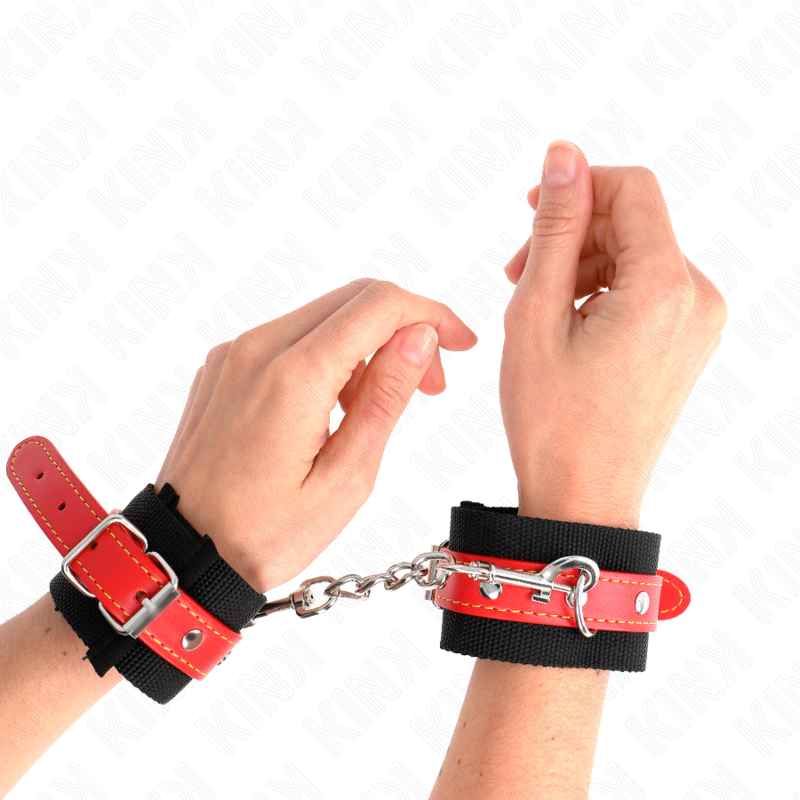 vVigoroso KINK - PUNHOS DE NYLON PRETO COM COURO VERMELHO AJUSTÁVEIS 19-24 CM X 5