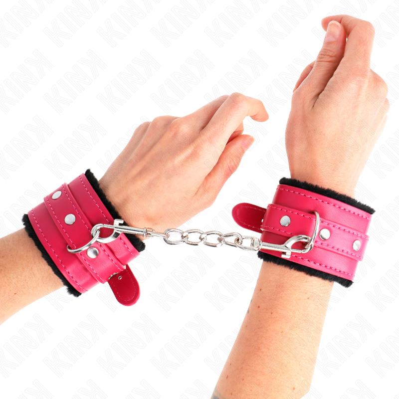 vVigoroso KINK - PULSO PREMIUM FORRO DE PELE PRETO COM CINTO RASPBERRY ROSE AJUSTÁVEL 17-29 CM X 6 CM