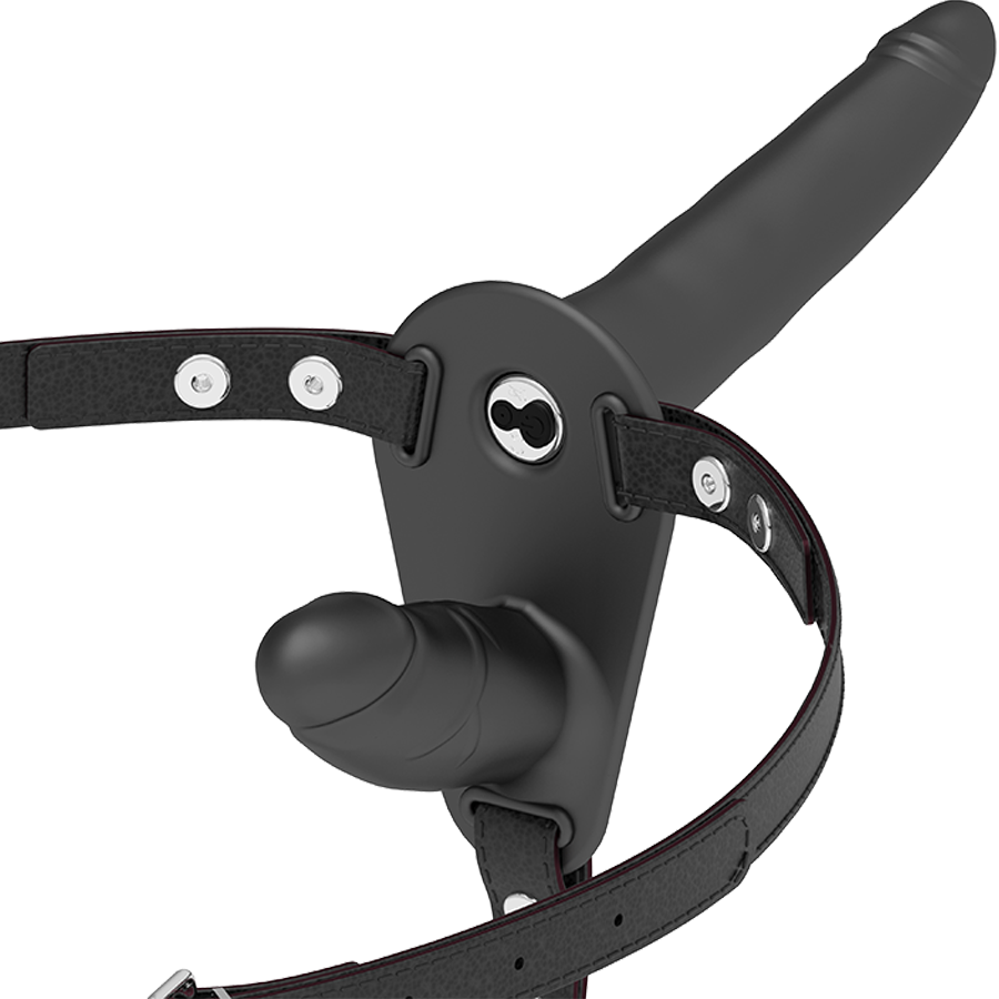 Vigoroso FETISH SUBMISSIVE HARNESS - VIBRADOR PRETO DE DUPLA PENETRAO