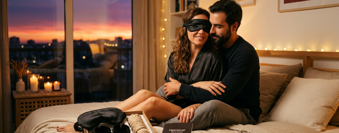 Casal explora acessórios de bondage suave da Loja online Vigoroso.pt num ambiente romântico.