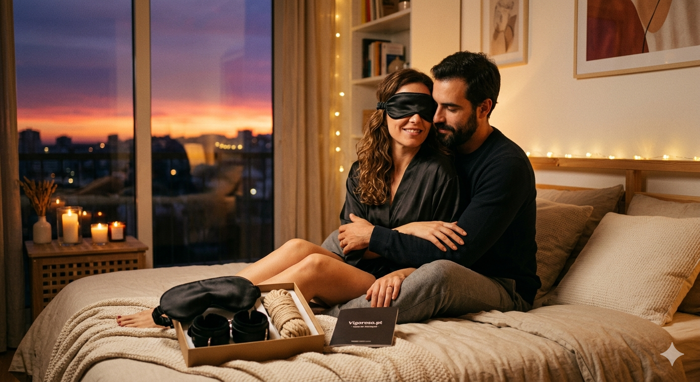Casal explora acessórios de bondage suave da Loja online Vigoroso.pt num ambiente romântico.