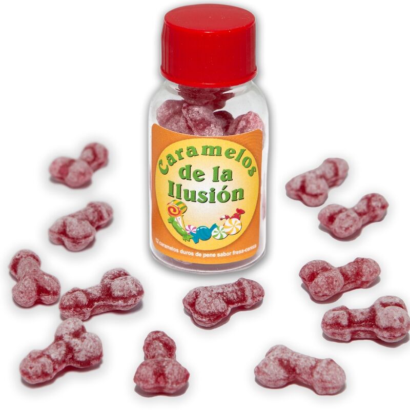 vVigoroso DIABLO PICANTE - 12 DOCES ILUSO EM FORMA DE PÊNIS MORANGO/CEREJA