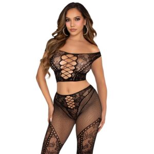 vVigoroso LEG AVENUE - TOP CROP E LEGGING DE REDE COM OMBROS À FRENTE PRETO