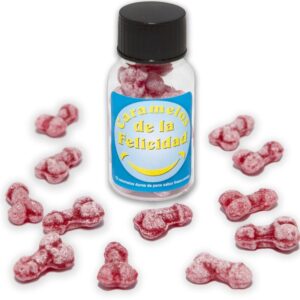 vVigoroso DIABLO PICANTE - POTE COM 12 DOCES DE MORANGO/CEREJA EM FORMATO DE PÊNIS FELIZ