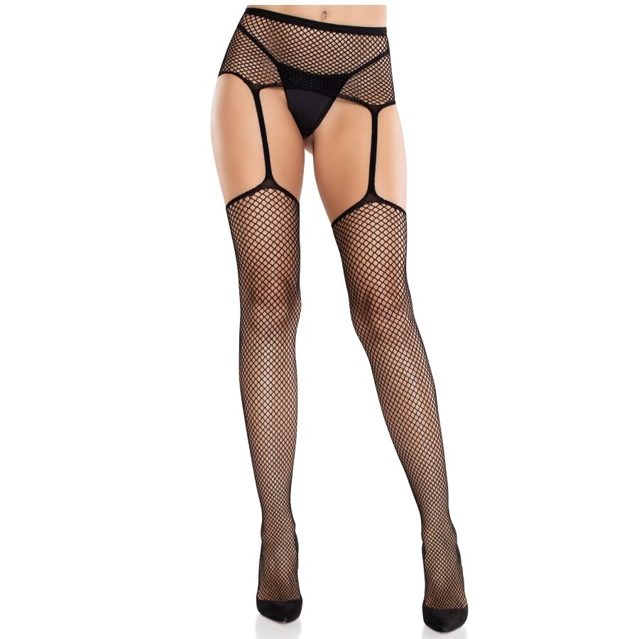 vVigoroso LEG AVENUE - MEIAS DE RENDA COM CRUZ E CINTO-LIGA PRETO