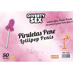 vVigoroso DIABLO GOLOSO - 50 PIRULITOS DE PÊNIS GIN TÔNICA SABOR MORANGO 10% ÁLCOOL