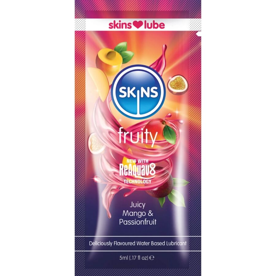 vVigoroso SKINS - LUBRIFICANTE À BASE DE ÁGUA COM SABOR FRUTADO DE MANGA E MARACUJÁ - DOSE ÚNICA DE 5 ML