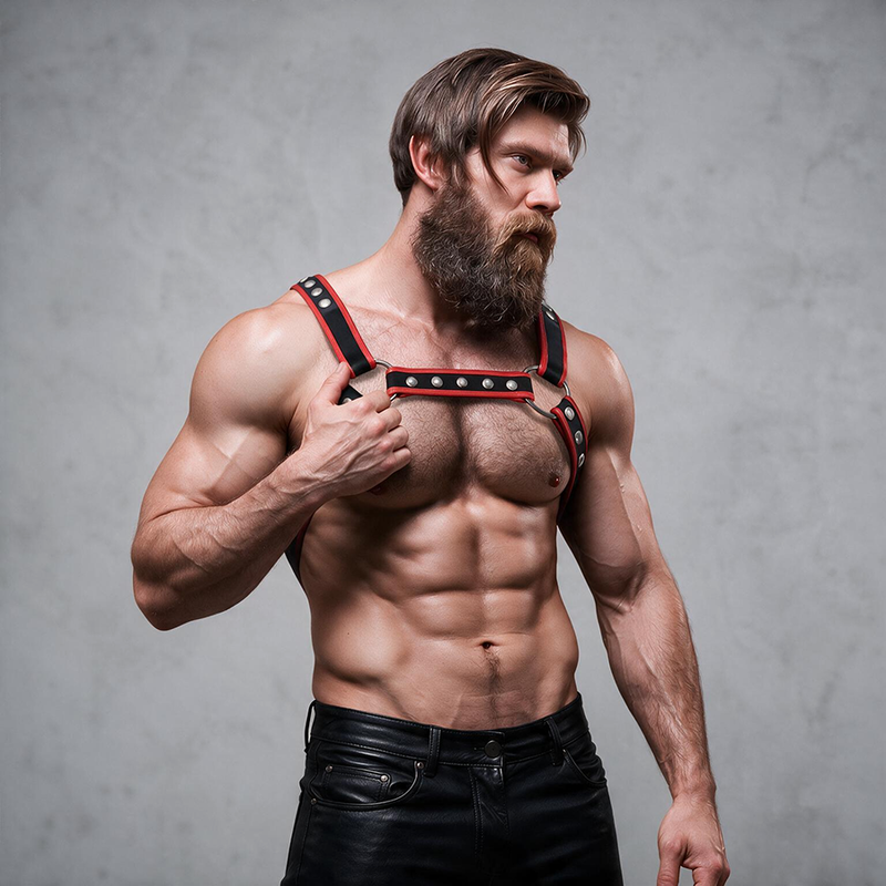 FETISH SUBMISSIVE ATTITUDE - PEITORAL DE COURO ECOLÓGICO MASCULINO BULLDOG ARNÊS PRETO/VERMELHO - Image 3