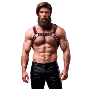 vVigoroso FETISH SUBMISSIVE ATTITUDE - PEITORAL DE COURO ECOLÓGICO MASCULINO BULLDOG ARNÊS PRETO/VERMELHO
