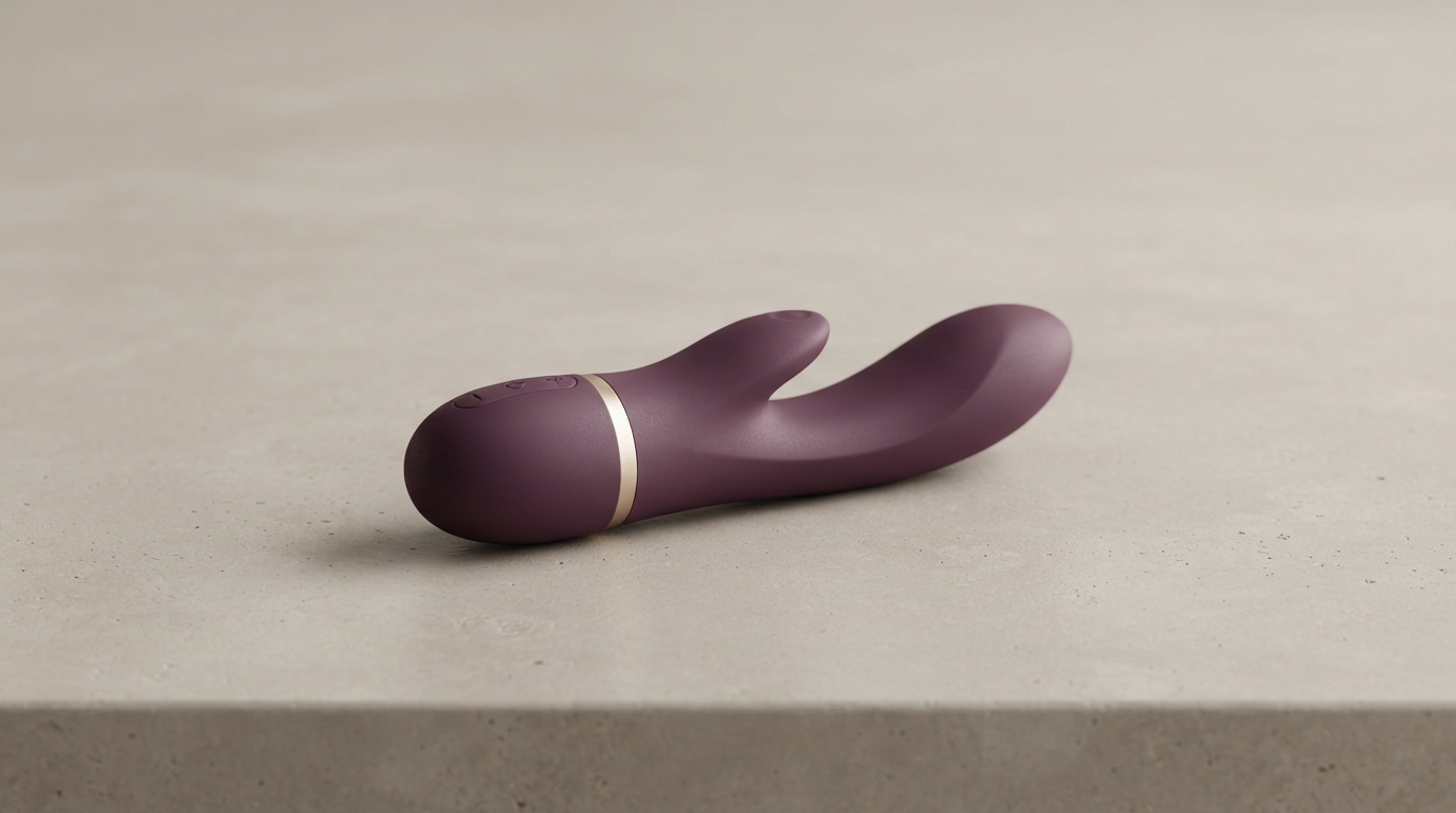 Vibrador premium de silicone em fundo neutro, ilustrando a relação entre o vibrador e bem-estar feminino.